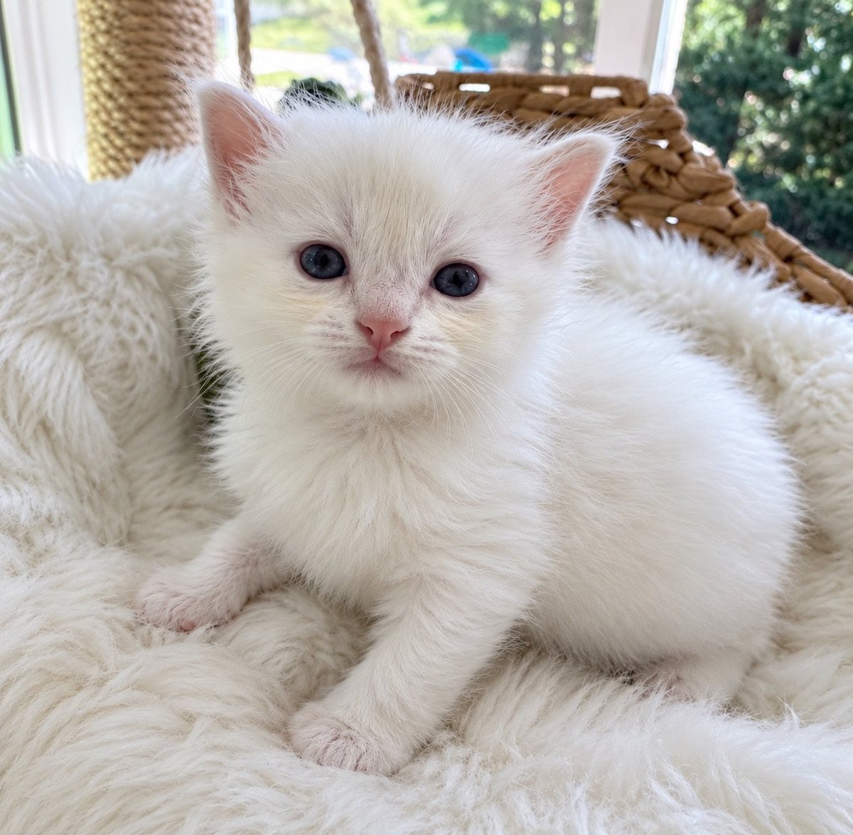 White fluffy kitten with blue eyes sitting on a cream-colored blanket indoors, looking at camera
