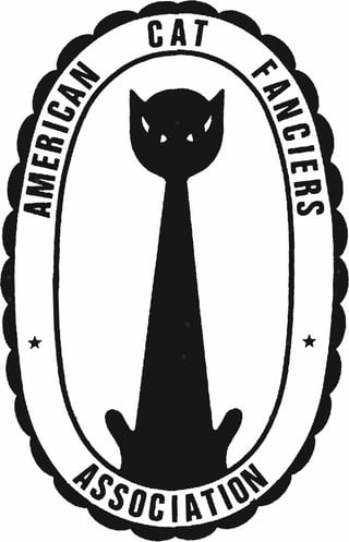 American Cat Fanciers Association logo with black silhouette of an elongated cat head in center oval badge